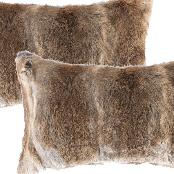 Homeroots Set Of Two 12" X 20" Brown Rabbit Natural Fur Animal Print Throw Pillows   473935