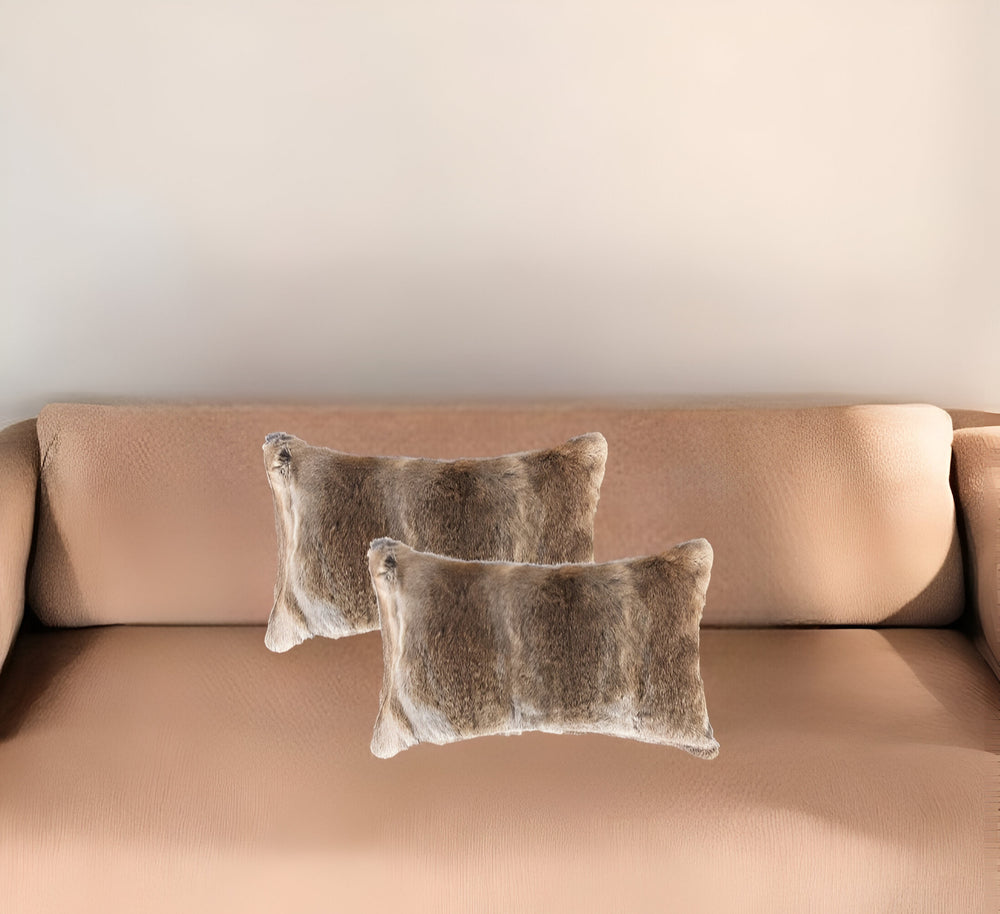 Homeroots Set Of Two 12" X 20" Brown Rabbit Natural Fur Animal Print Throw Pillows   473935