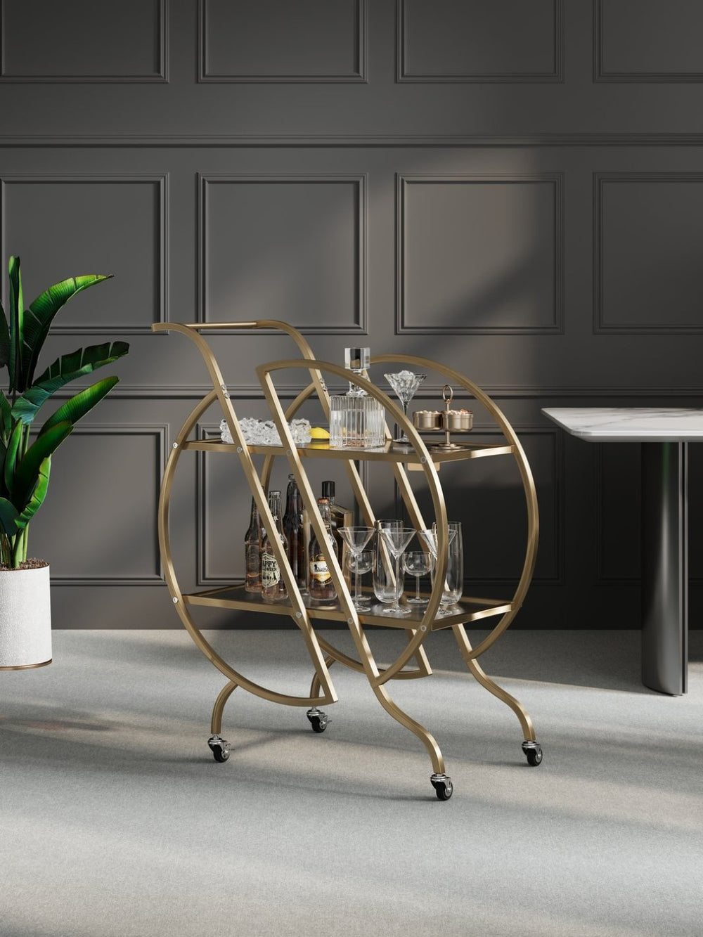English Elm Gold Rolling Bar Cart with Mirrored Glass Shelves and Lockable Wheels for Glam Spaces W3123P480999