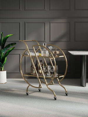 English Elm Gold Rolling Bar Cart with Mirrored Glass Shelves and Lockable Wheels for Glam Spaces W3123P480999
