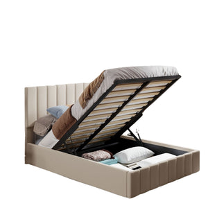 Homeroots Beige Wood And Linen Blend Full Adjustable Bed Frame  Manufactured Wood + Solid Wood 473963