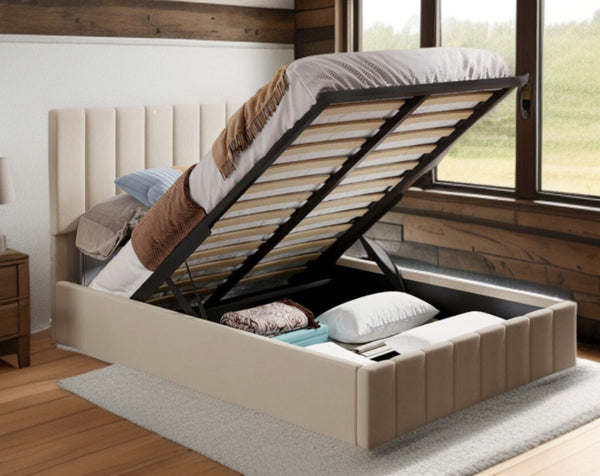 Homeroots Beige Wood And Linen Blend Full Adjustable Bed Frame  Manufactured Wood + Solid Wood 473963