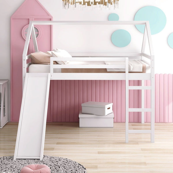 Homeroots White Solid Wood Loft Bed With Stairs And Slide - Space-saving Design For Kids' Fun And Comfort  Solid Wood 473986