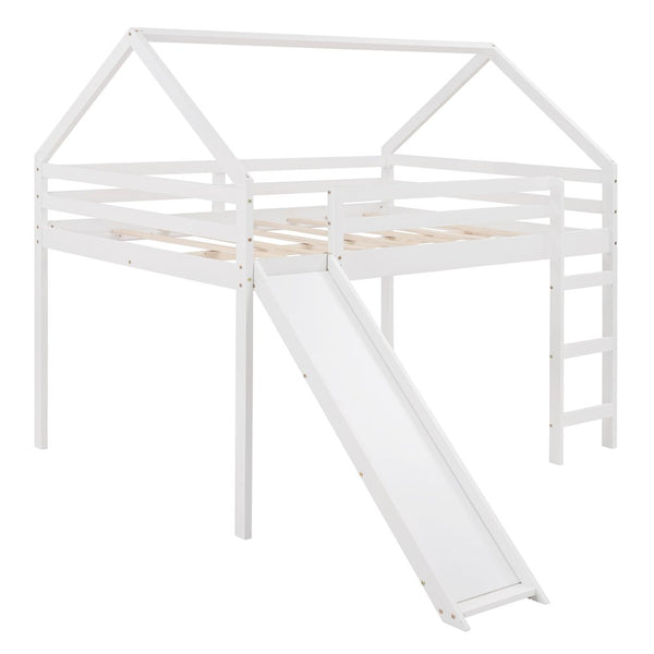 Homeroots White Solid Wood Loft Bed With Stairs And Slide - Space-saving Design For Kids' Fun And Comfort  Solid Wood 473986