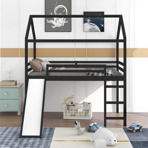 Homeroots Espresso Slat Solid Wood Loft Bed With Stairs & Slide - Stylish Space Saver For Kids' Rooms!  Solid Wood 473988