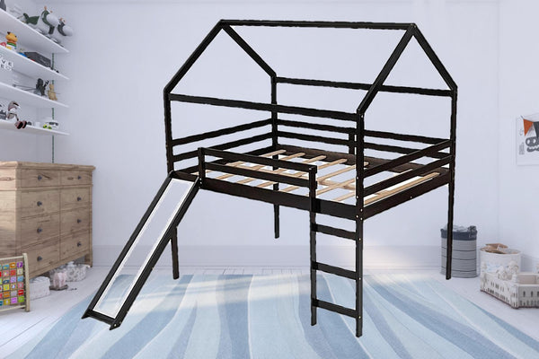 Homeroots Espresso Slat Solid Wood Loft Bed With Stairs & Slide - Stylish Space Saver For Kids' Rooms!  Solid Wood 473988