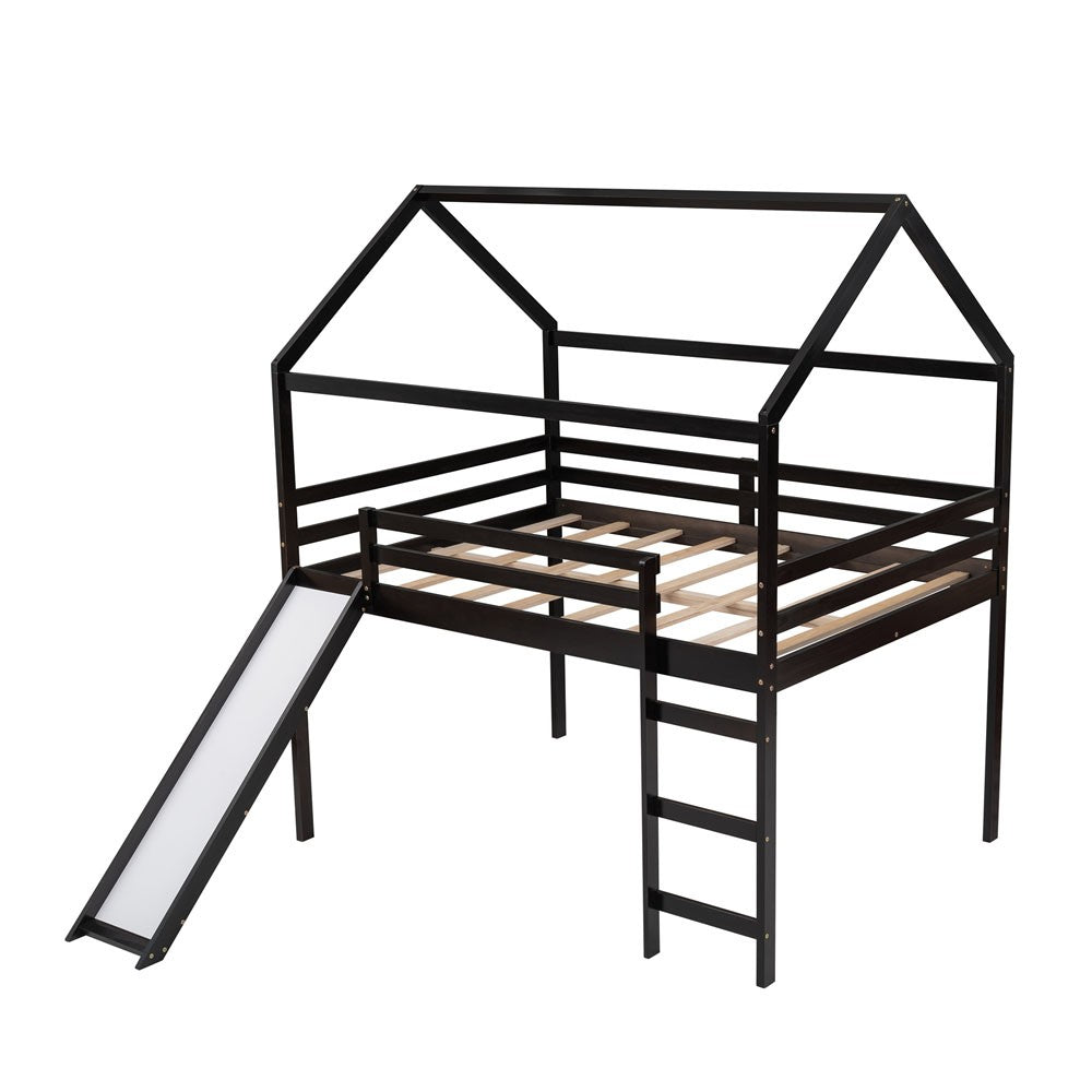 Homeroots Espresso Slat Solid Wood Loft Bed With Stairs & Slide - Stylish Space Saver For Kids' Rooms!  Solid Wood 473988