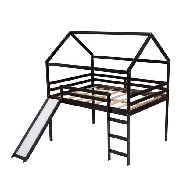 Homeroots Espresso Slat Solid Wood Loft Bed With Stairs & Slide - Stylish Space Saver For Kids' Rooms!  Solid Wood 473988