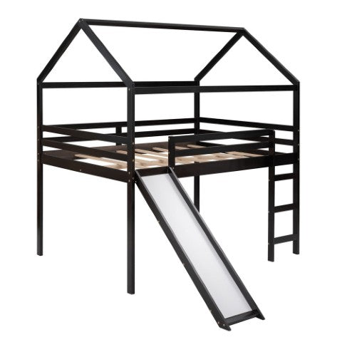 Homeroots Espresso Slat Solid Wood Loft Bed With Stairs & Slide - Stylish Space Saver For Kids' Rooms!  Solid Wood 473988