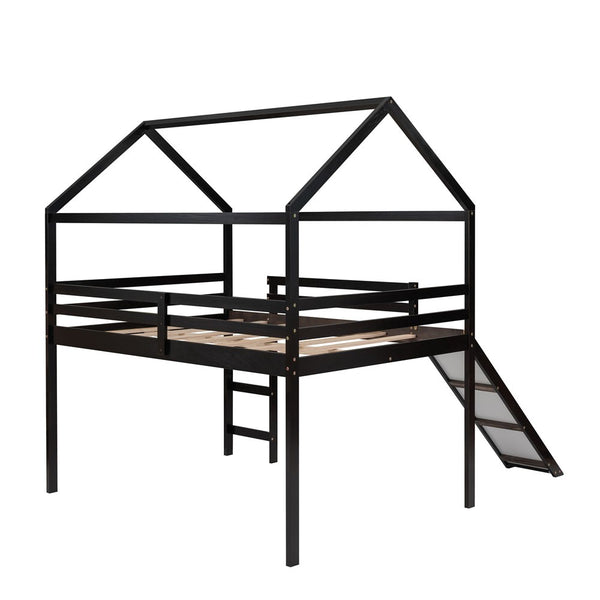 Homeroots Espresso Slat Solid Wood Loft Bed With Stairs & Slide - Stylish Space Saver For Kids' Rooms!  Solid Wood 473988