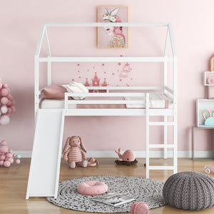 Homeroots White Solid Wood Loft Bed With Stairs And Slide - Space-saving Design For Kids' Fun And Comfort  Solid Wood 473989