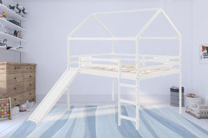 Homeroots White Solid Wood Loft Bed With Stairs And Slide - Space-saving Design For Kids' Fun And Comfort  Solid Wood 473989