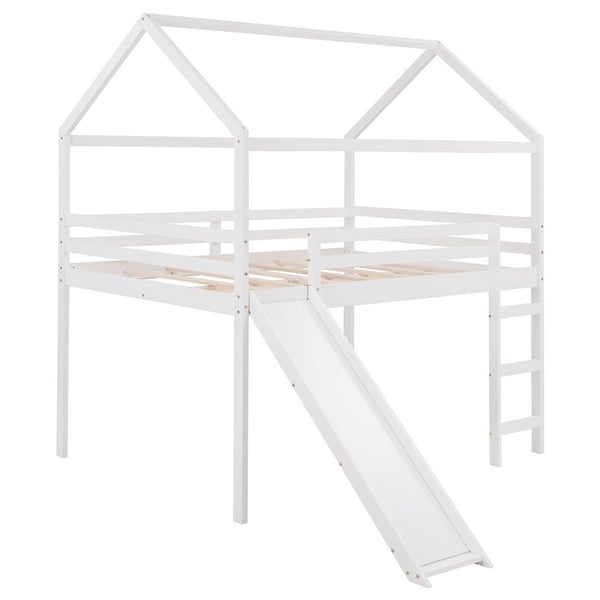 Homeroots White Solid Wood Loft Bed With Stairs And Slide - Space-saving Design For Kids' Fun And Comfort  Solid Wood 473989