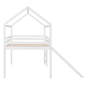 Homeroots White Solid Wood Loft Bed With Stairs And Slide - Space-saving Design For Kids' Fun And Comfort  Solid Wood 473989