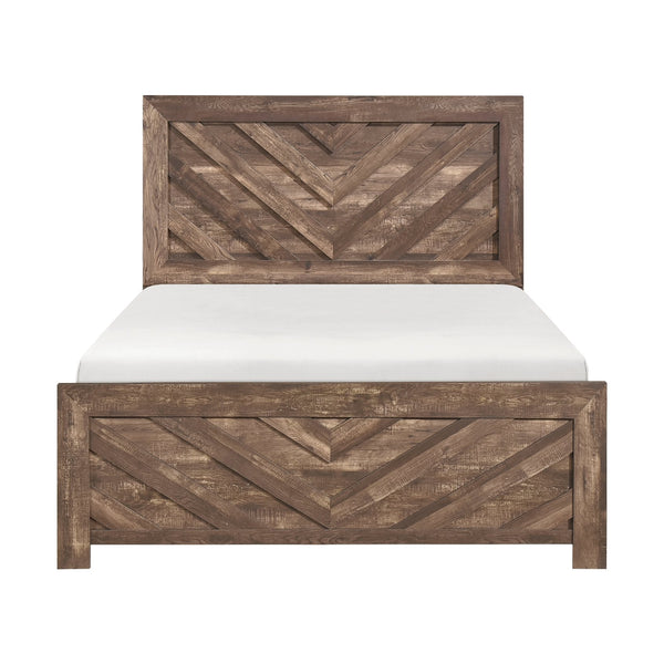 English Elm Rustic Queen Panel Bed with V-Pattern Headboard, 3D Paper Veneer Wood Look, Boxed Easy Assembly Rustic Brown 60.25 L x 39.75 W x 6.5 H B011P250472