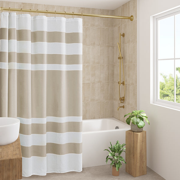 JLA Home Madison Park - Shower Waffle Curtain with 3M Scotchgard — Textured Stripe Design, Water-Repellent Spa Feel, Machine Washable Taupe MP70-8550