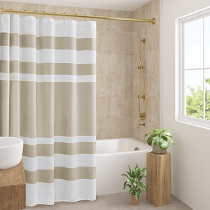 JLA Home Madison Park - Shower Waffle Curtain with Scotchgard Water-Repellent Finish, Textured Stripe Design for Spa Bathrooms Taupe MP70-8549