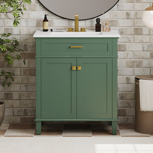 English Elm 30-inch bathroom vanity with ceramic basin, solid wood frame, soft-close doors and adjustable shelves for organized style and lasting durability Green N729P173380F