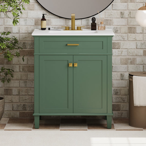 English Elm 30-inch bathroom vanity with ceramic basin, solid wood frame, soft-close doors and adjustable shelves for organized style and lasting durability Green N729P173380F