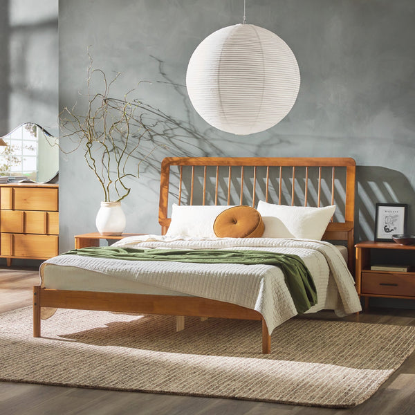English Elm Walker Edison - Mid-Century Solid Pine Queen Spindle Bed in Caramel — Warp-Resistant Slats, Stable 3-Leg Support B185P169115