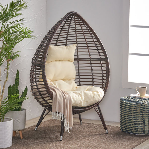 English Elm Christopher Knight Home® - CUTTER Teardrop Wicker Patio Chair with Water‑Resistant Beige Cushion, Metal Resin Frame, Plush Comfort 55787.00MBRN
