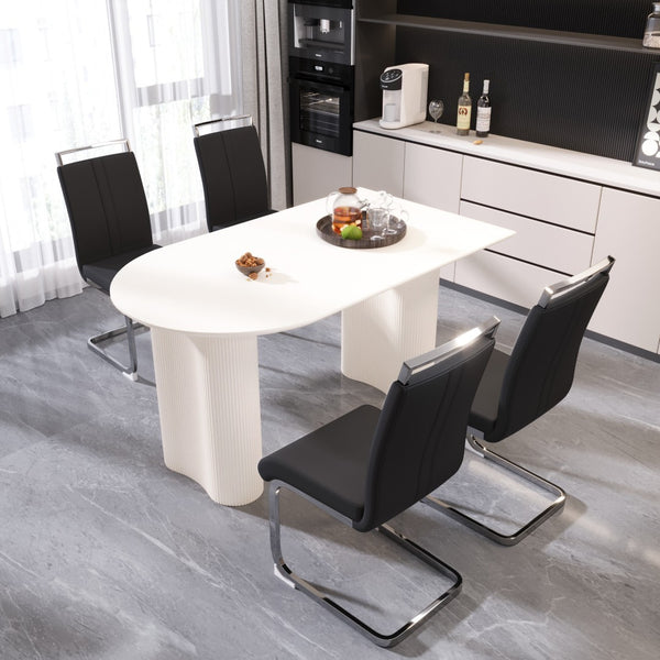 English Elm 63 Inch Cream Mdf Dining Table Set with Pu Chairs and Sculptural Wavy Legs for Five W2189S00903