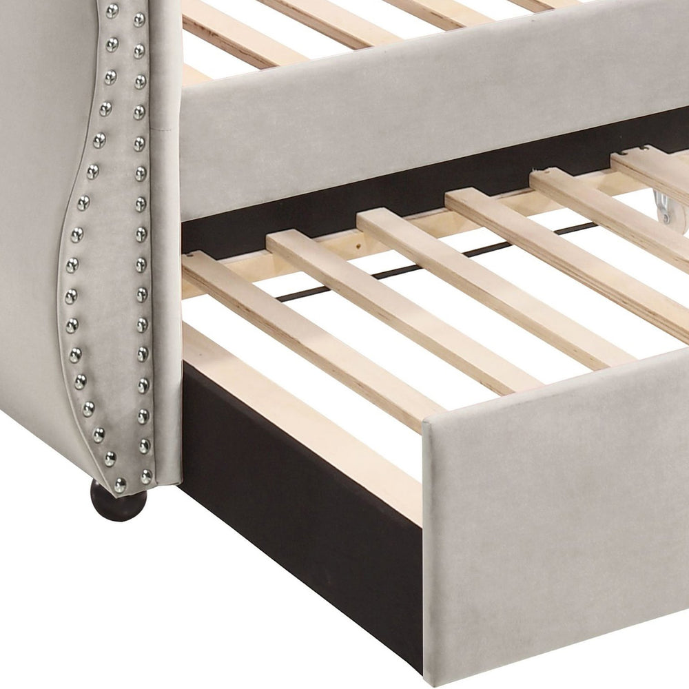 English Elm Beige Twin Daybed with Trundle, 28-Slat Sturdy Support, Rubberwood Frame, Cozy Beige Upholstery B062S00455