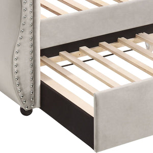 English Elm Beige Twin Daybed with Trundle, 28-Slat Sturdy Support, Rubberwood Frame, Cozy Beige Upholstery B062S00455