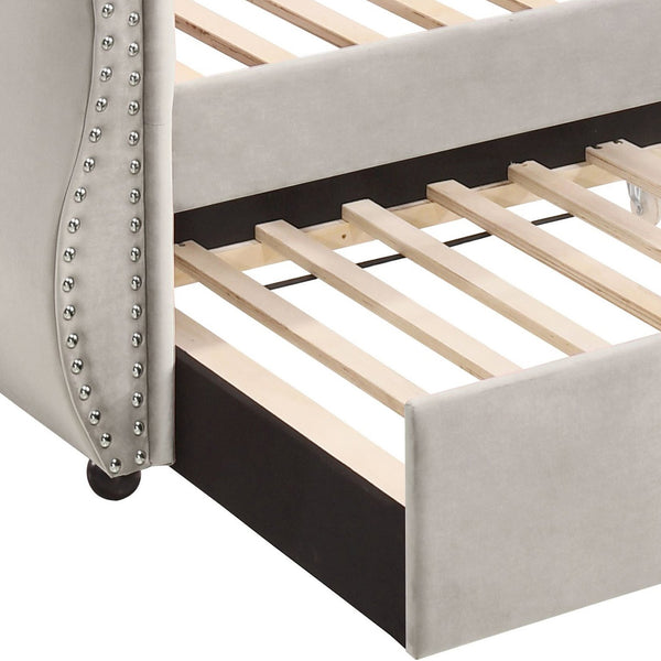 English Elm Beige Twin Daybed with Trundle, 28-Slat Sturdy Support, Rubberwood Frame, Cozy Beige Upholstery B062S00455