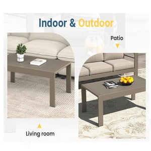 English Elm 43" Outdoor Coffee Table with Wood Grain Top on Powder Coated Iron for Patio Lounging Khaki B082P455113
