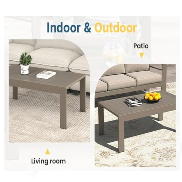 English Elm 43" Outdoor Coffee Table with Wood Grain Top on Powder Coated Iron for Patio Lounging Khaki B082P455113