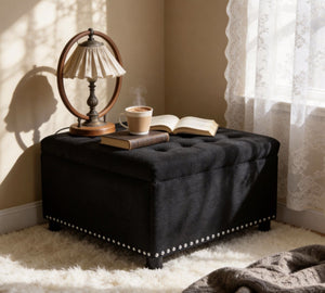 English Elm Storage Ottoman Tufted Nailhead Trim Lift Top Footstool for Living Room or Bedroom Black W5568P447086
