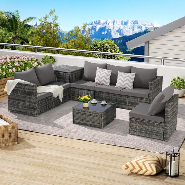 English Elm 6 6-Piece Wicker Patio Sectional Set with Tempered Glass Coffee Table, Weather-Resistant Rattan Sofa Dark Gray W874S00029