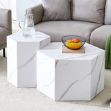 English Elm Modern Minimalist Style Hexagonal White Marble Patterned Mdf Coffee Table Set (Two-Piece Set) .Complex Texture Patterns, Style and Texture Coffee Table To Redefine Your Interior Decoration.