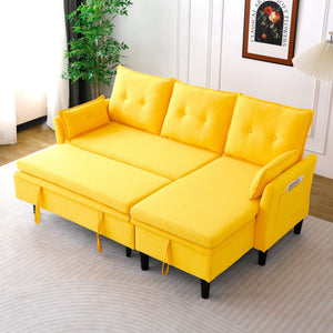 English Elm L-Shaped Reversible Chaise Sectional Sofa with Storage and Fold-Out Bed Cotton-Linen Modern Design Yellow W3371S00027