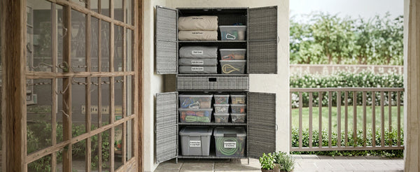 English Elm K&k Tall Arched Pe Rattan Outdoor Storage Cabinet with Adjustable Shelves and Steel Frame Grey N707P420102G
