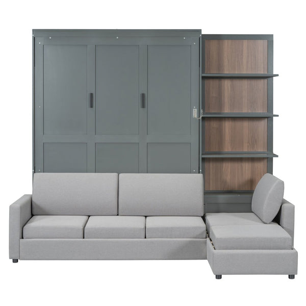 English Elm Queen Wall Bed with Linen Sofa and Open Shelving for Studio or Guest Room LP000592AAE-3