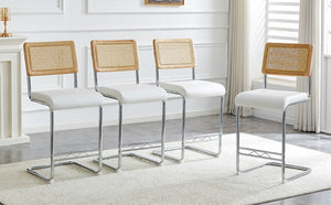 English Elm Natural Rattan Backrest Counter Stools Set of 4 with Chrome Legs and Pu Leather Seats W2920S00106