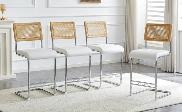 English Elm Natural Rattan Backrest Counter Stools Set of 4 with Chrome Legs and Pu Leather Seats W2920S00106