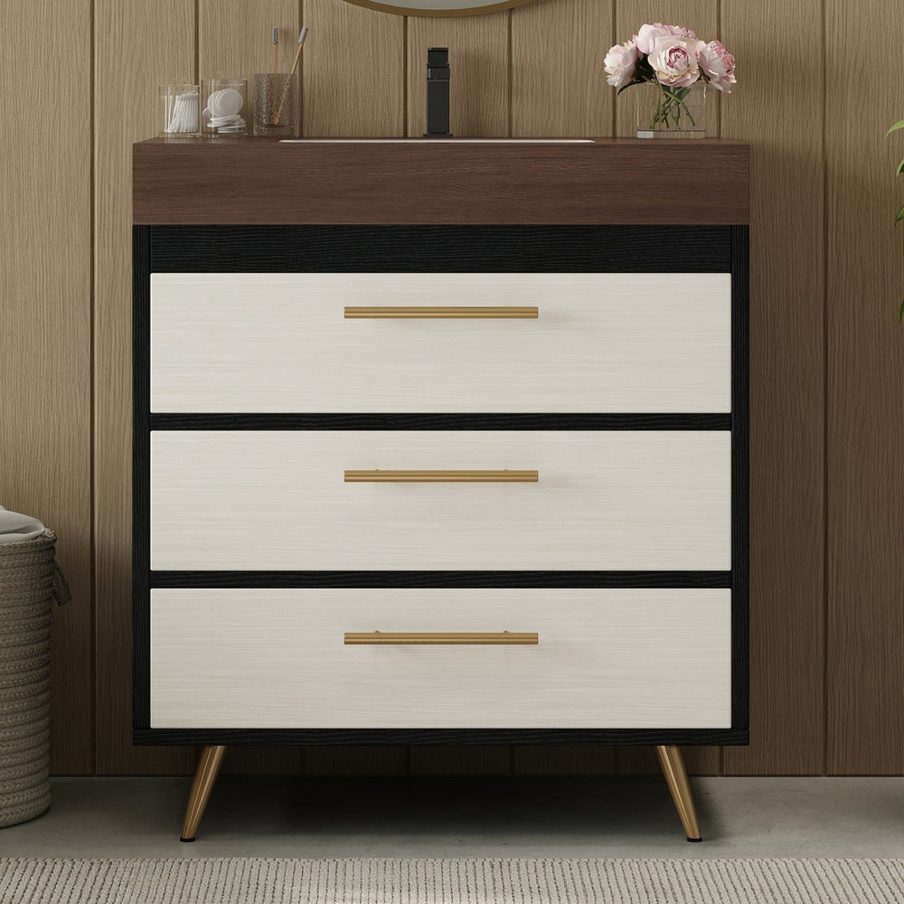 English Elm Modern Freestanding Bathroom Vanity with Vessel Sink Sintered Stone Gold Legs W3136S00047