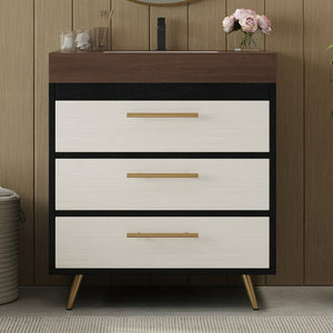 English Elm Modern Freestanding Bathroom Vanity with Vessel Sink Sintered Stone Gold Legs W3136S00047