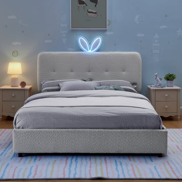 English Elm Full Size Kids Storage Bed Boucle Upholstered Rabbit Ear Headboard with Led Lighting Beige W1413P384924