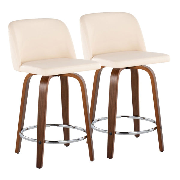 English Elm 24" Mid-century Swivel Barstools Walnut Tapered Legs Faux Leather Seat Chrome Footrest Set Cream B202S00133