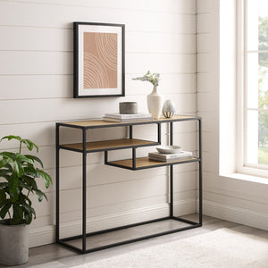 English Elm Walker Edison - Modern Minimal Floating Shelf Entryway Table Coastal Oak — Sleek MDF & Powder-Coated Steel, Warp-Resistant, 2 Display Shelves, Wall-Mount Ready B185P168981