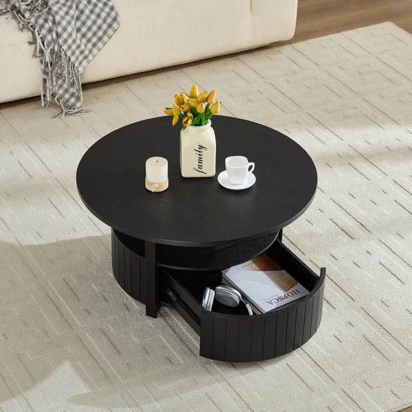 English Elm Round Storage Coffee Table with Drawer Ash Wood Grain Matte Finish Modern Living Room Black W2085P384595