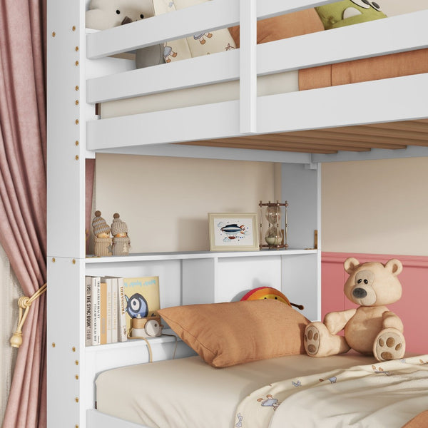 English Elm Twin Over Twin Bunk Bed With Integrated Shelves, Safety Guardrails & Convertible Design, White Finish W504S00214-GIGA