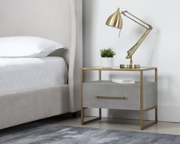 Sunpan Venice Nightstand – Glamorous Acacia Wood Design with Tempered Glass Top and Antique Brass Hardware Grey Shagreen