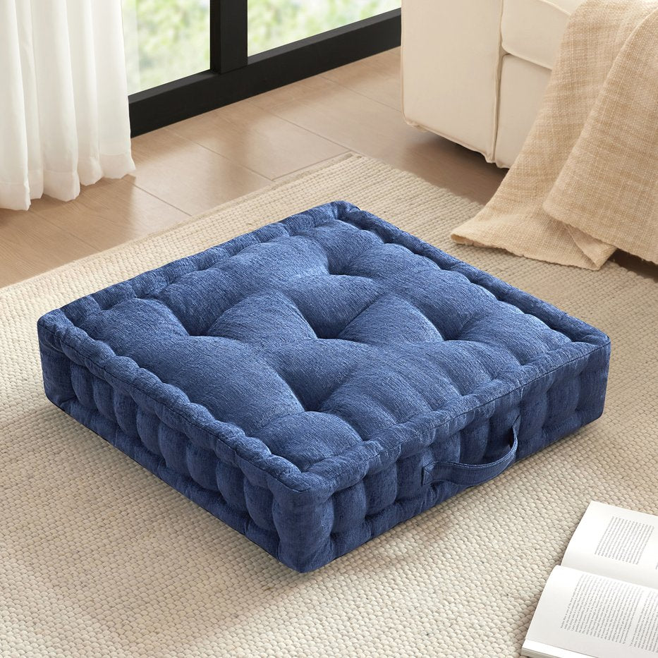 JLA Home Intelligent Design - Poly Chenille Square Floor Pillow Cushion with Tufted Scalloped Edge, OEKO-TEX Soft Plush Support Navy ID31-2469