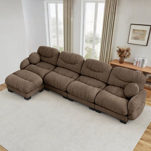 English Elm Pleated Chenille Sectional Sofa with Ottoman Ergonomic Foam Curved Armrests Living Room Brown W5656S00062