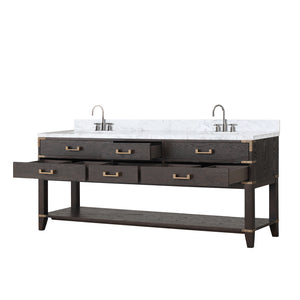 English Elm Brown Oak 80" Double Bath Vanity with Polished Carrara Marble Top, Soft-Close Drawers & Chrome Faucet Set B2731P260333